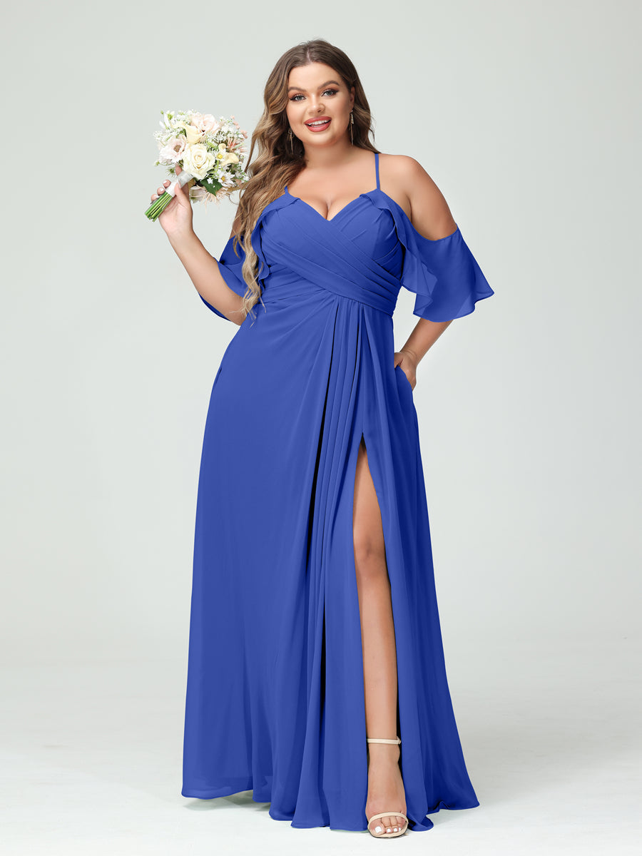 A-Line/Princess Spaghetti Straps Short Sleeves Chiffon Ruched Split Side Plus Size Bridesmaid Dresses with Pockets Light Royal Blue