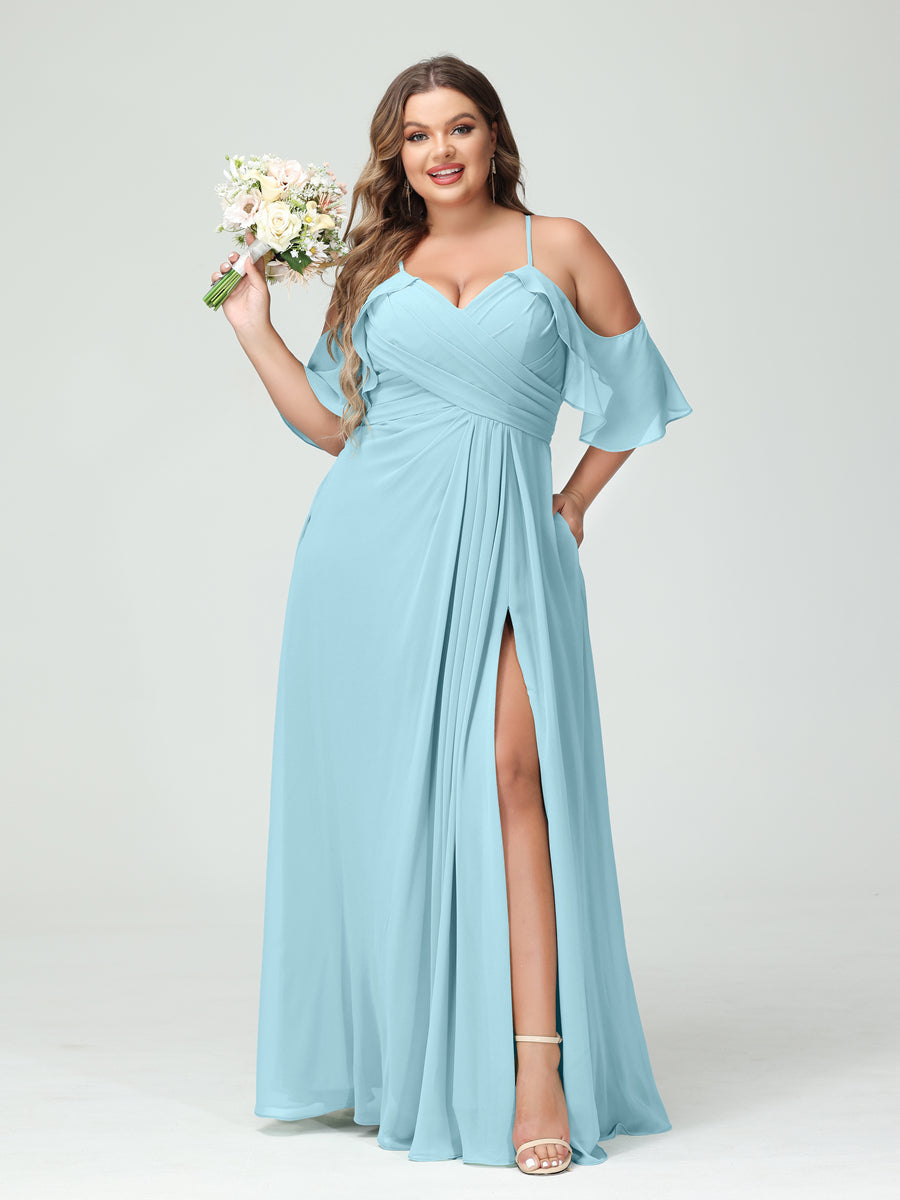 A-Line/Princess Spaghetti Straps Short Sleeves Chiffon Ruched Split Side Plus Size Bridesmaid Dresses with Pockets Light Sky Blue