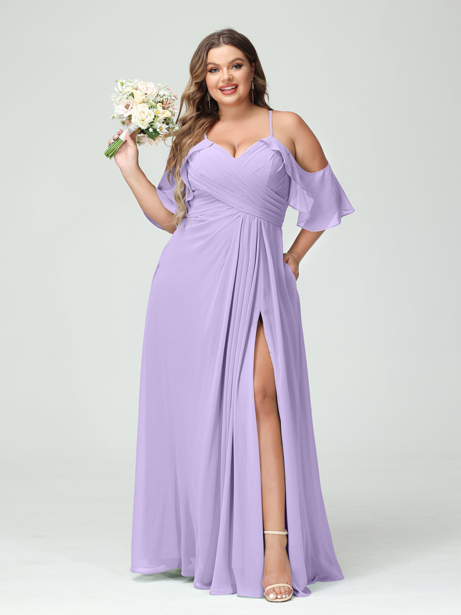 A-Line/Princess Spaghetti Straps Short Sleeves Chiffon Ruched Split Side Plus Size Bridesmaid Dresses with Pockets Lilac