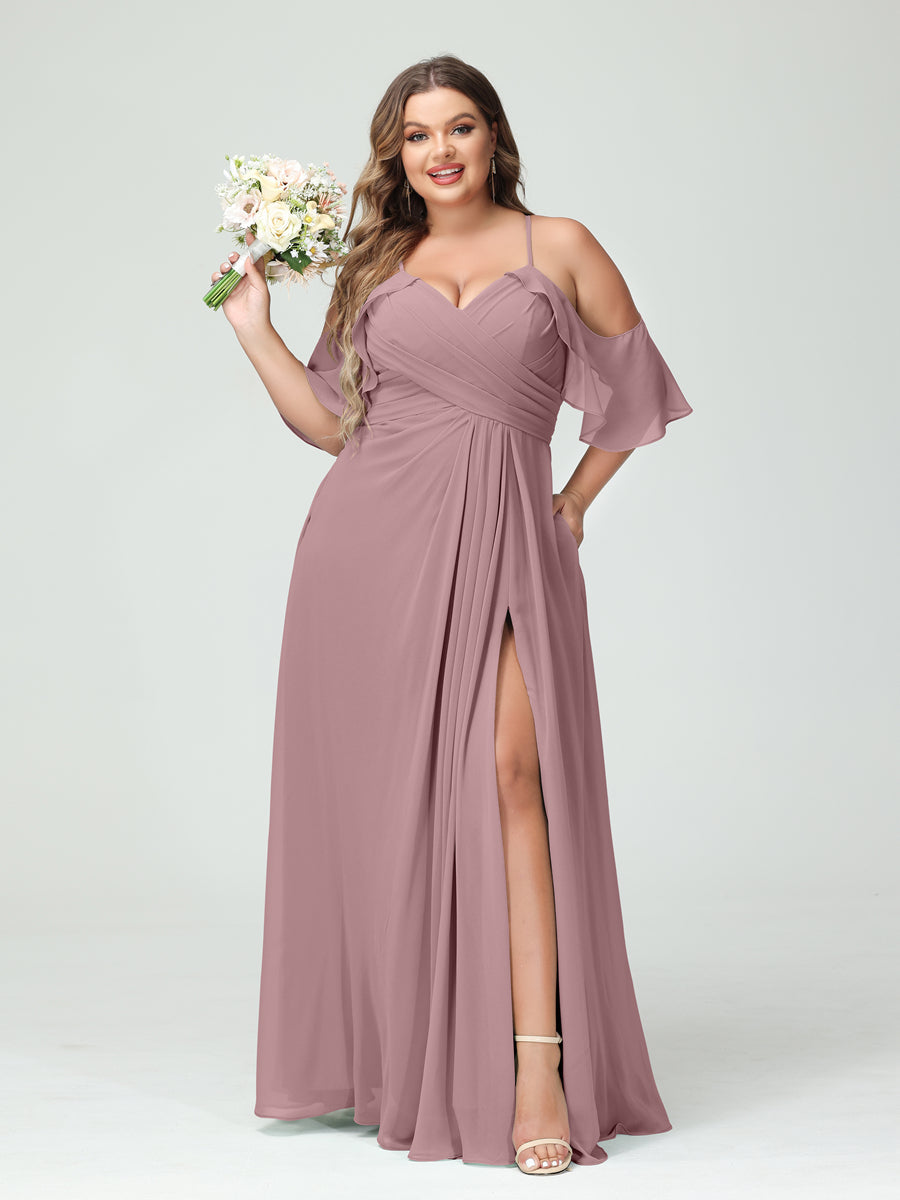 A-Line/Princess Spaghetti Straps Short Sleeves Chiffon Ruched Split Side Plus Size Bridesmaid Dresses with Pockets Mauve