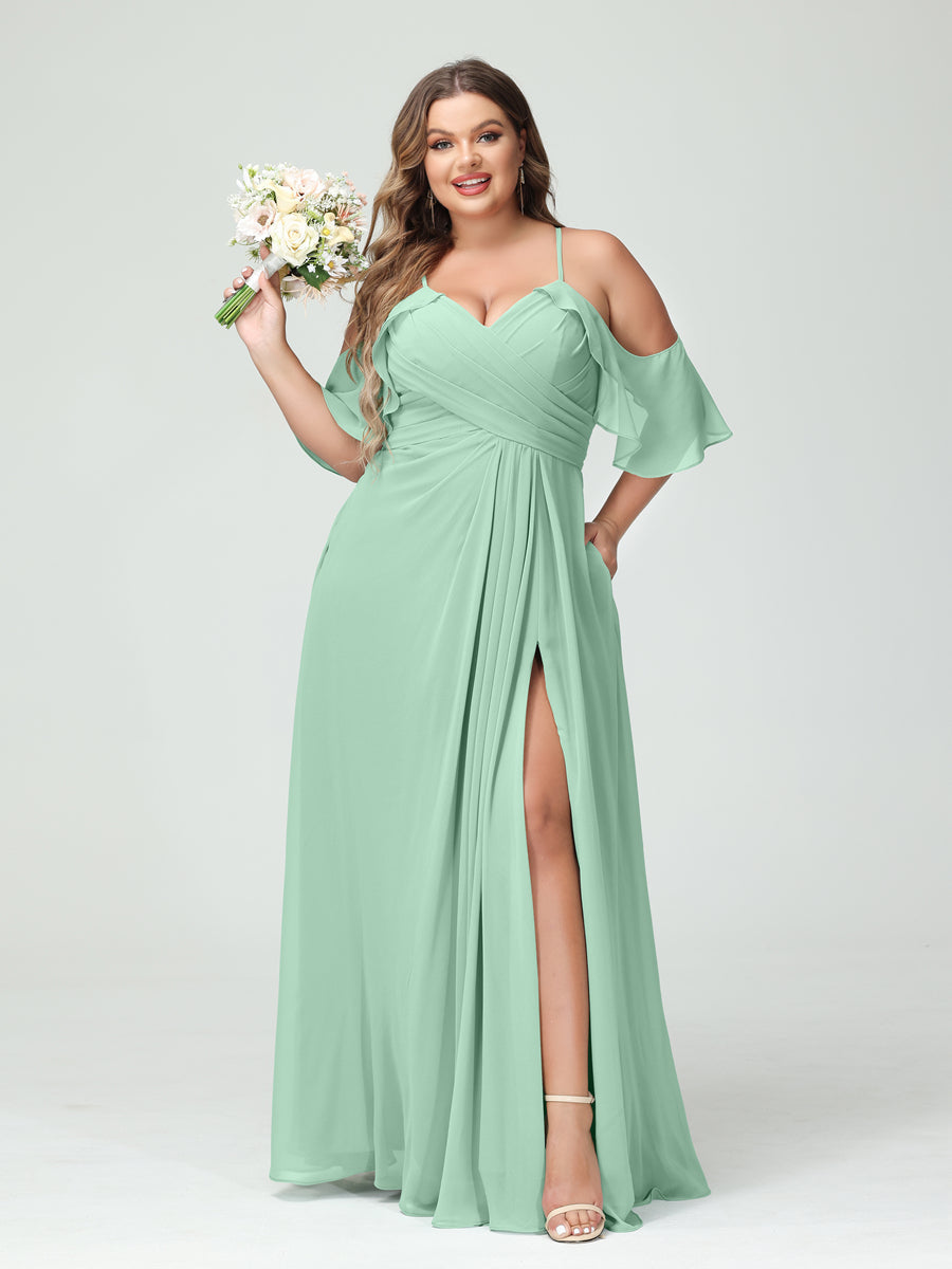 A-Line/Princess Spaghetti Straps Short Sleeves Chiffon Ruched Split Side Plus Size Bridesmaid Dresses with Pockets Mint Green