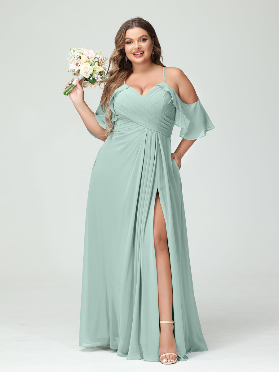 A-Line/Princess Spaghetti Straps Short Sleeves Chiffon Ruched Split Side Plus Size Bridesmaid Dresses with Pockets Mist Blue