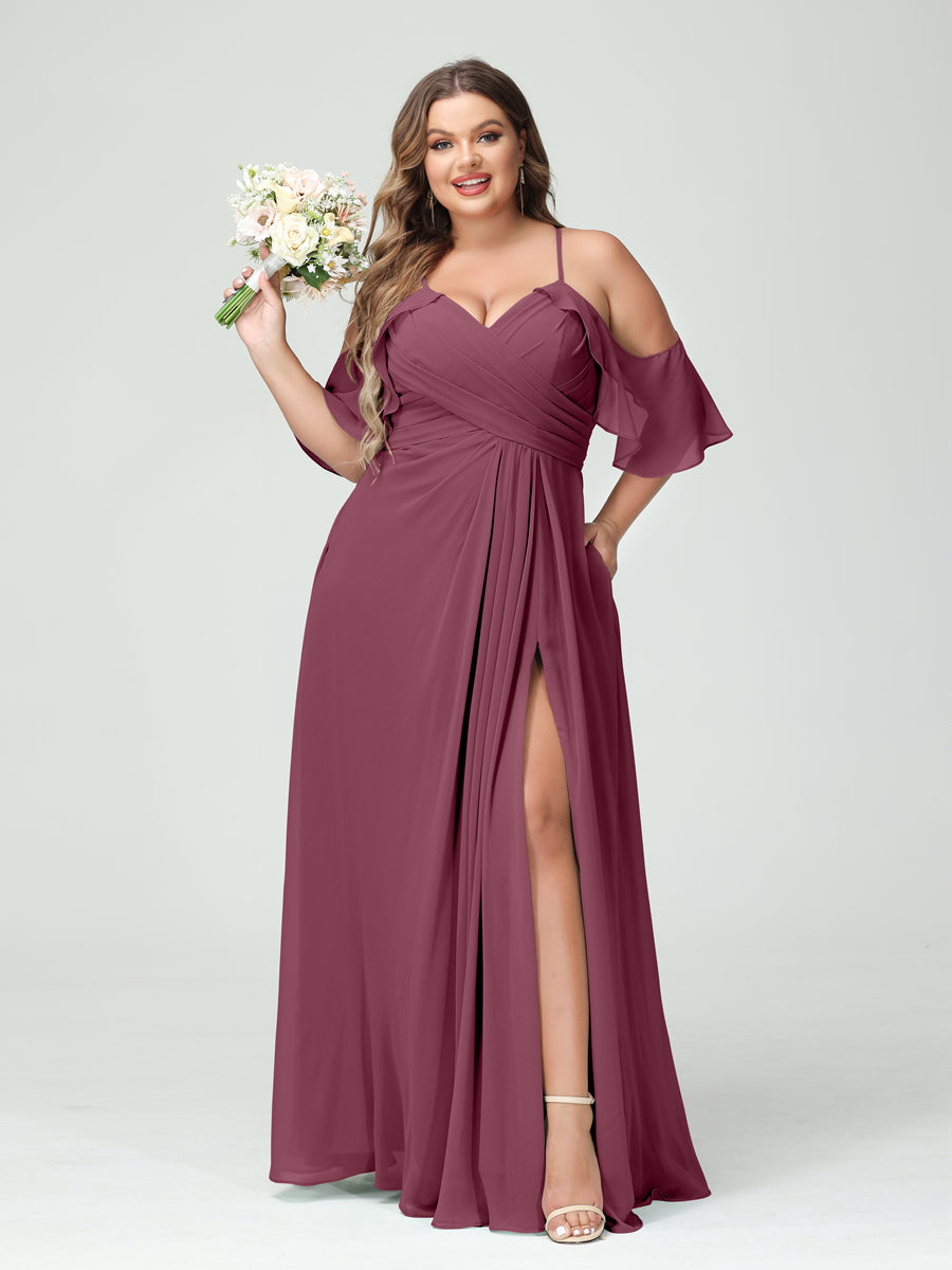 A-Line/Princess Spaghetti Straps Short Sleeves Chiffon Ruched Split Side Plus Size Bridesmaid Dresses with Pockets Mulberry