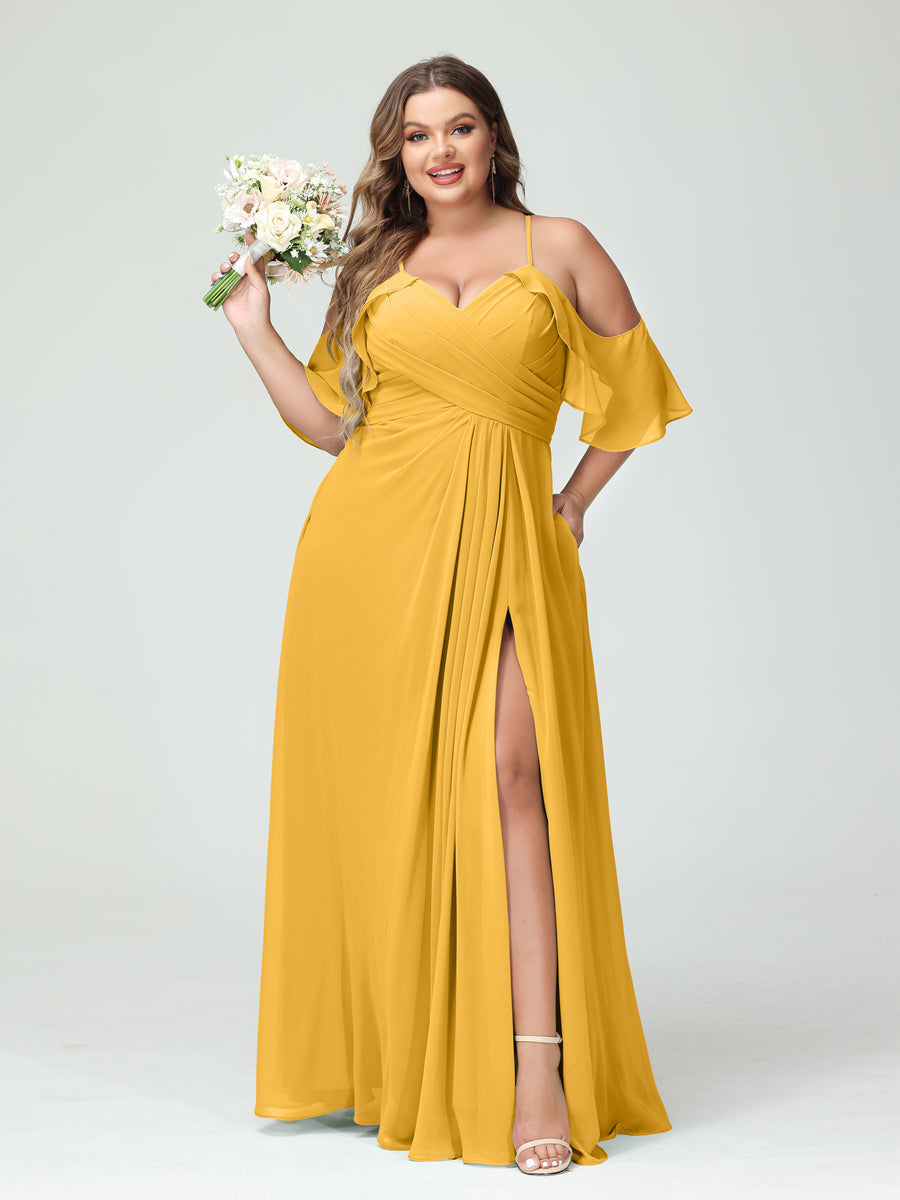 A-Line/Princess Spaghetti Straps Short Sleeves Chiffon Ruched Split Side Plus Size Bridesmaid Dresses with Pockets Mustard Yellow