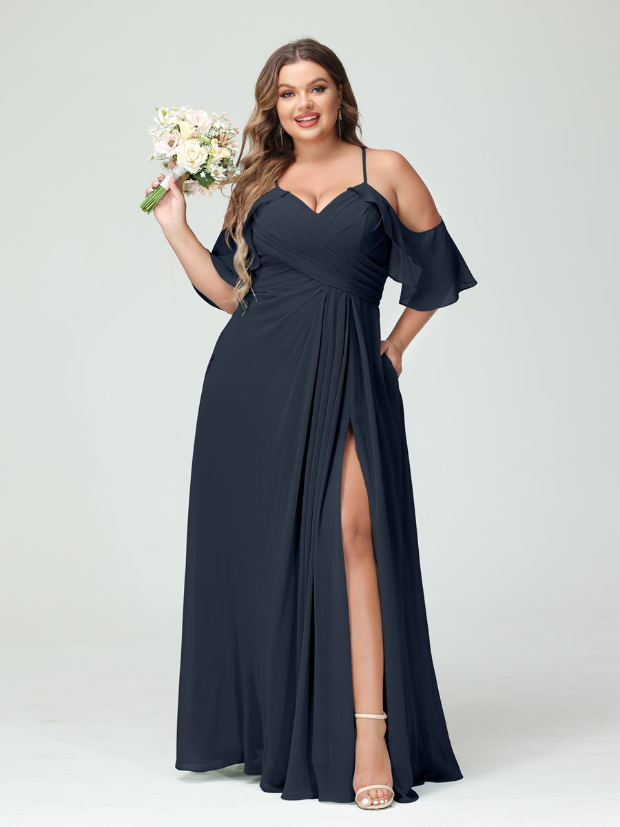 A-Line/Princess Spaghetti Straps Short Sleeves Chiffon Ruched Split Side Plus Size Bridesmaid Dresses with Pockets Navy Blue