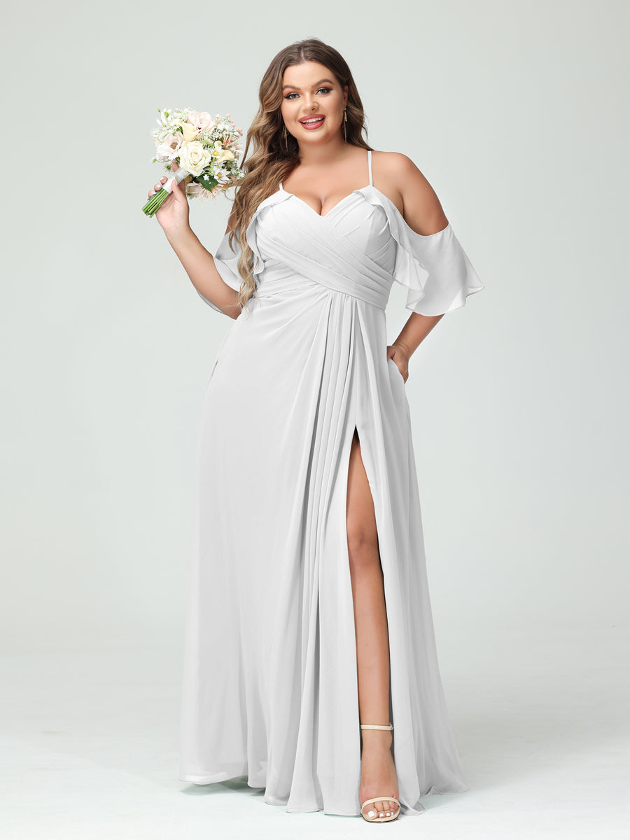 A-Line/Princess Spaghetti Straps Short Sleeves Chiffon Ruched Split Side Plus Size Bridesmaid Dresses with Pockets Off White