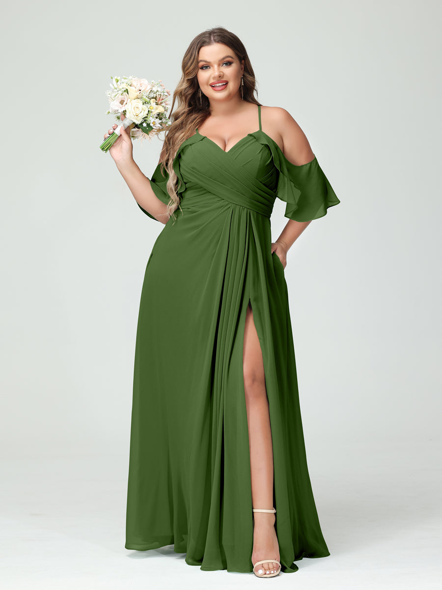 A-Line/Princess Spaghetti Straps Short Sleeves Chiffon Ruched Split Side Plus Size Bridesmaid Dresses with Pockets Olive Green