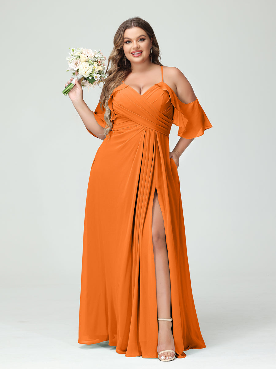 A-Line/Princess Spaghetti Straps Short Sleeves Chiffon Ruched Split Side Plus Size Bridesmaid Dresses with Pockets Orange