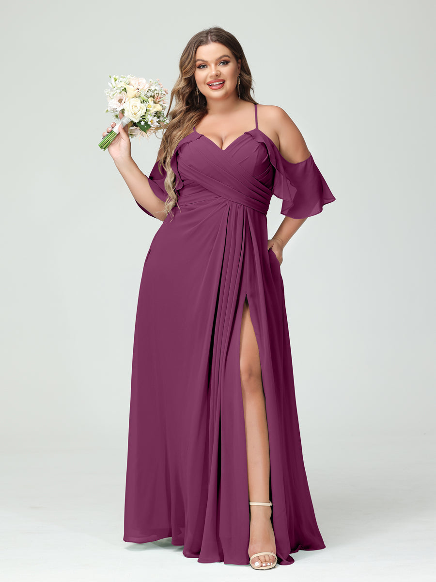 A-Line/Princess Spaghetti Straps Short Sleeves Chiffon Ruched Split Side Plus Size Bridesmaid Dresses with Pockets Orchid