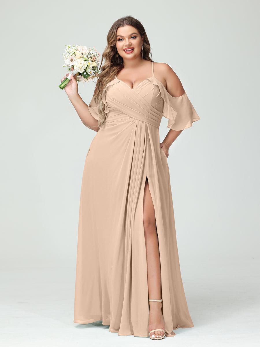 A-Line/Princess Spaghetti Straps Short Sleeves Chiffon Ruched Split Side Plus Size Bridesmaid Dresses with Pockets Peach Pink