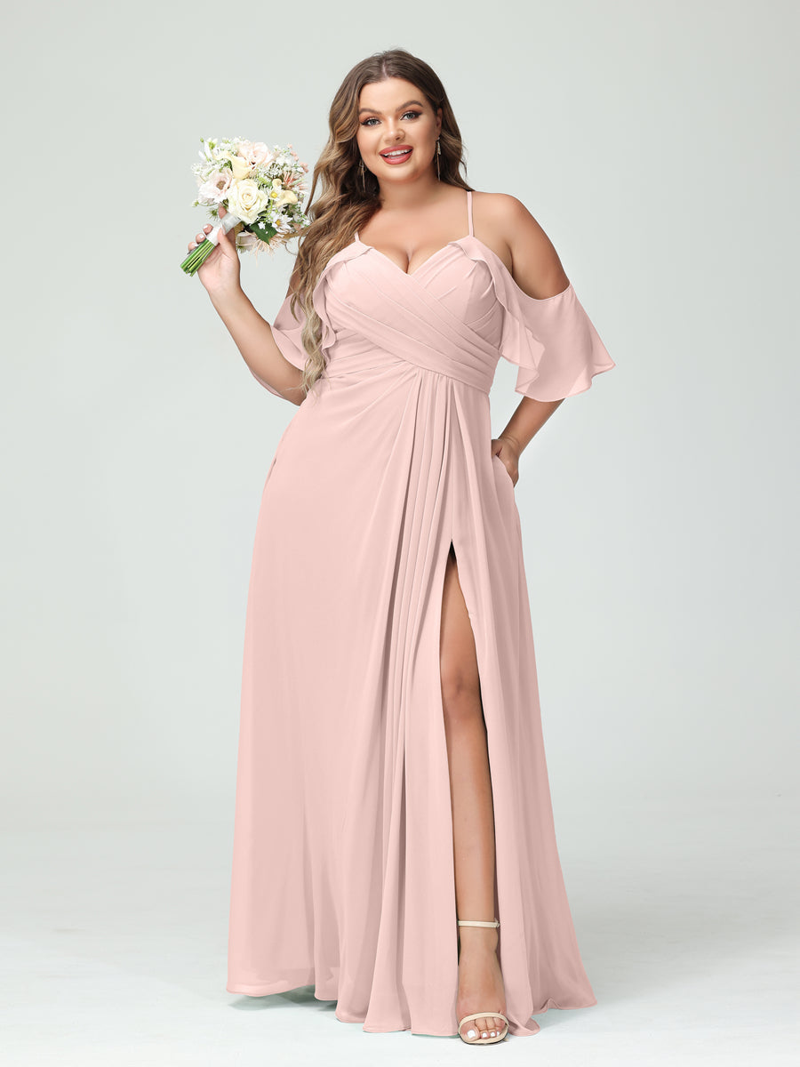 A-Line/Princess Spaghetti Straps Short Sleeves Chiffon Ruched Split Side Plus Size Bridesmaid Dresses with Pockets Pearl Pink