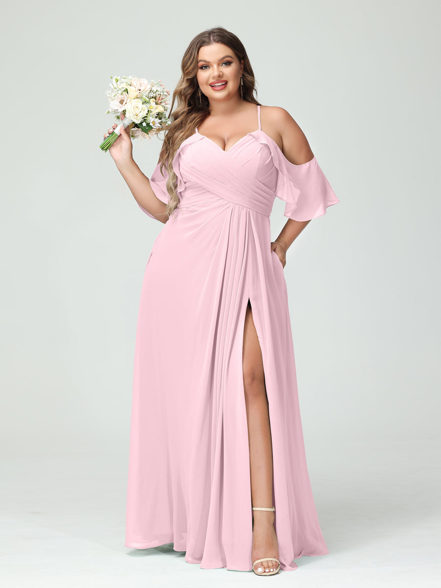 A-Line/Princess Spaghetti Straps Short Sleeves Chiffon Ruched Split Side Plus Size Bridesmaid Dresses with Pockets Pink