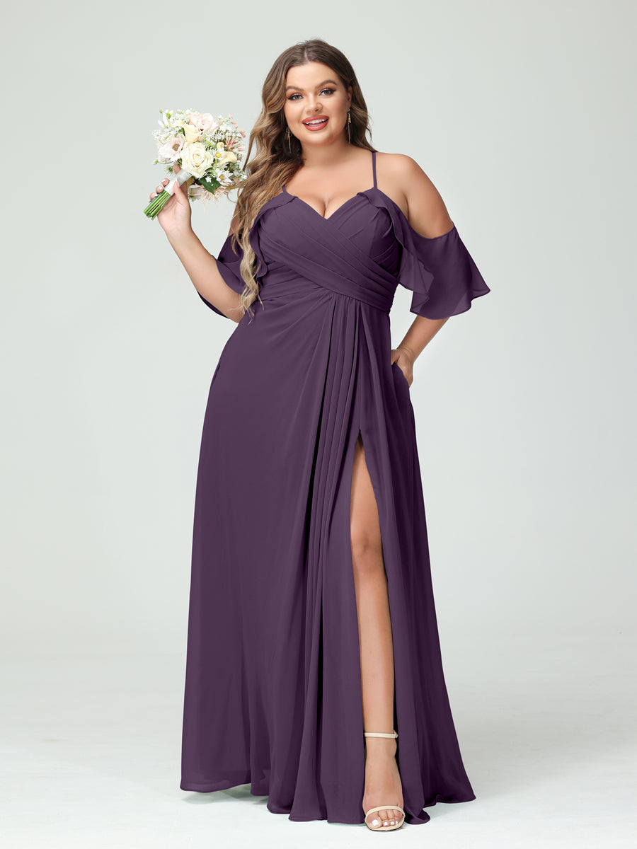 A-Line/Princess Spaghetti Straps Short Sleeves Chiffon Ruched Split Side Plus Size Bridesmaid Dresses with Pockets Plum