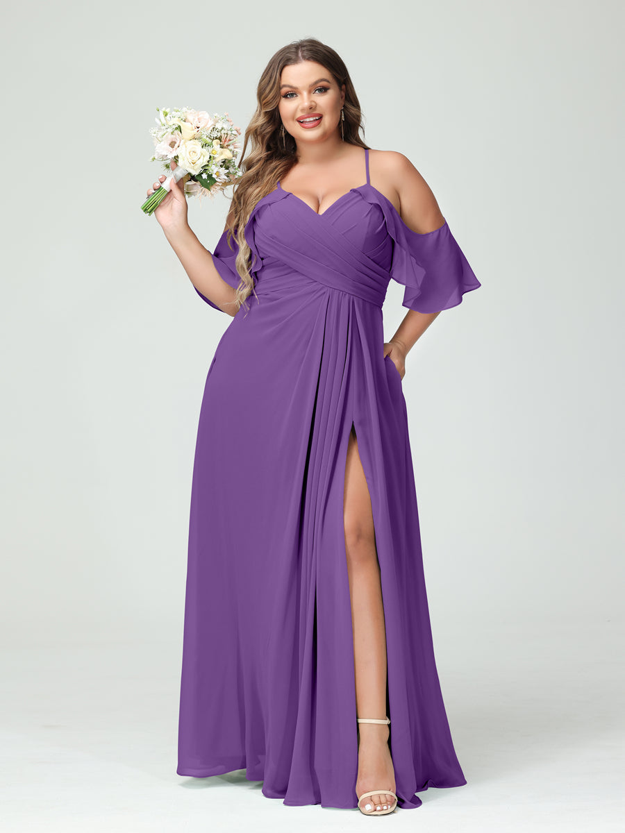 A-Line/Princess Spaghetti Straps Short Sleeves Chiffon Ruched Split Side Plus Size Bridesmaid Dresses with Pockets Purple