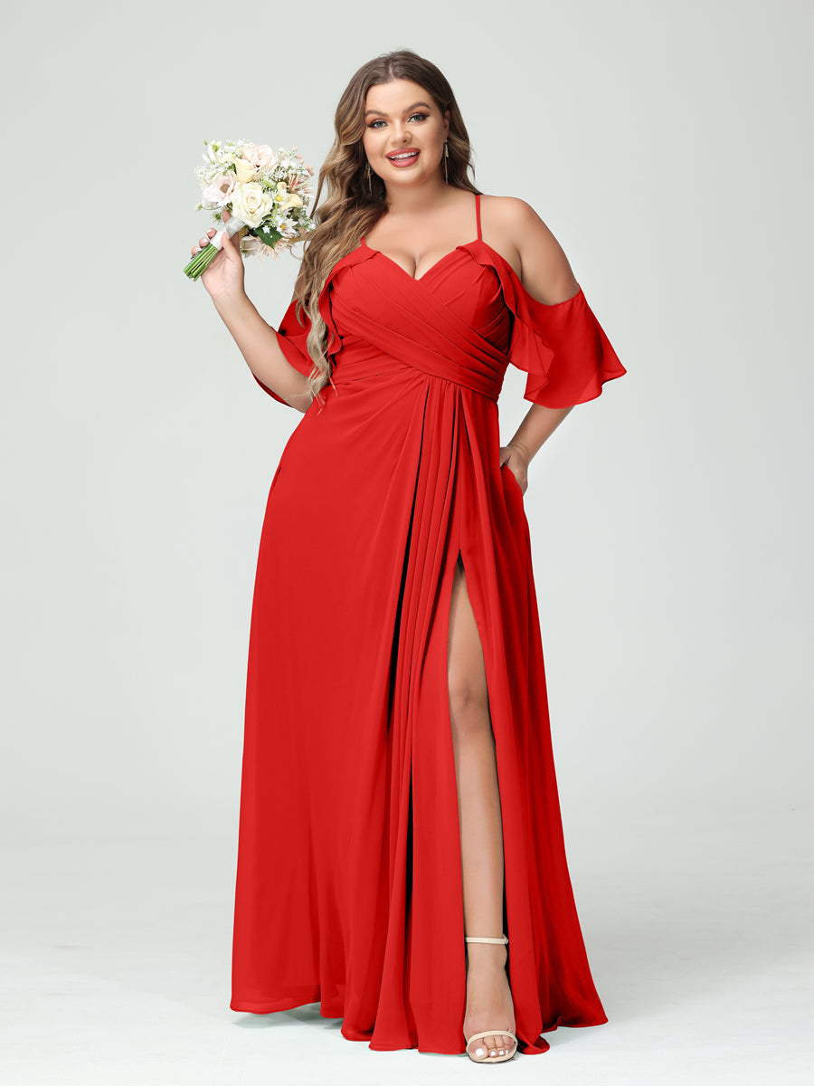 A-Line/Princess Spaghetti Straps Short Sleeves Chiffon Ruched Split Side Plus Size Bridesmaid Dresses with Pockets Red