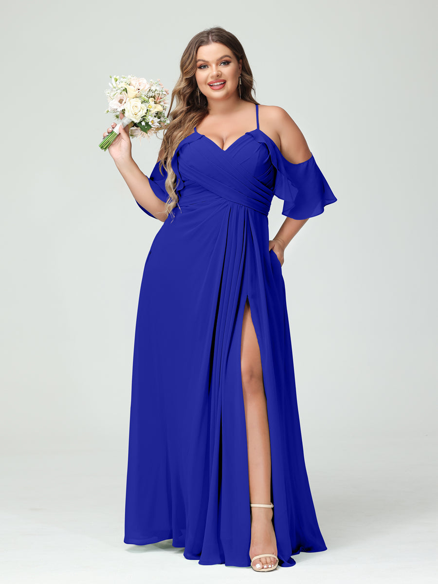 A-Line/Princess Spaghetti Straps Short Sleeves Chiffon Ruched Split Side Plus Size Bridesmaid Dresses with Pockets Royal Blue