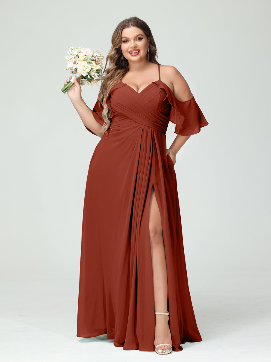 A-Line/Princess Spaghetti Straps Short Sleeves Chiffon Ruched Split Side Plus Size Bridesmaid Dresses with Pockets Rust