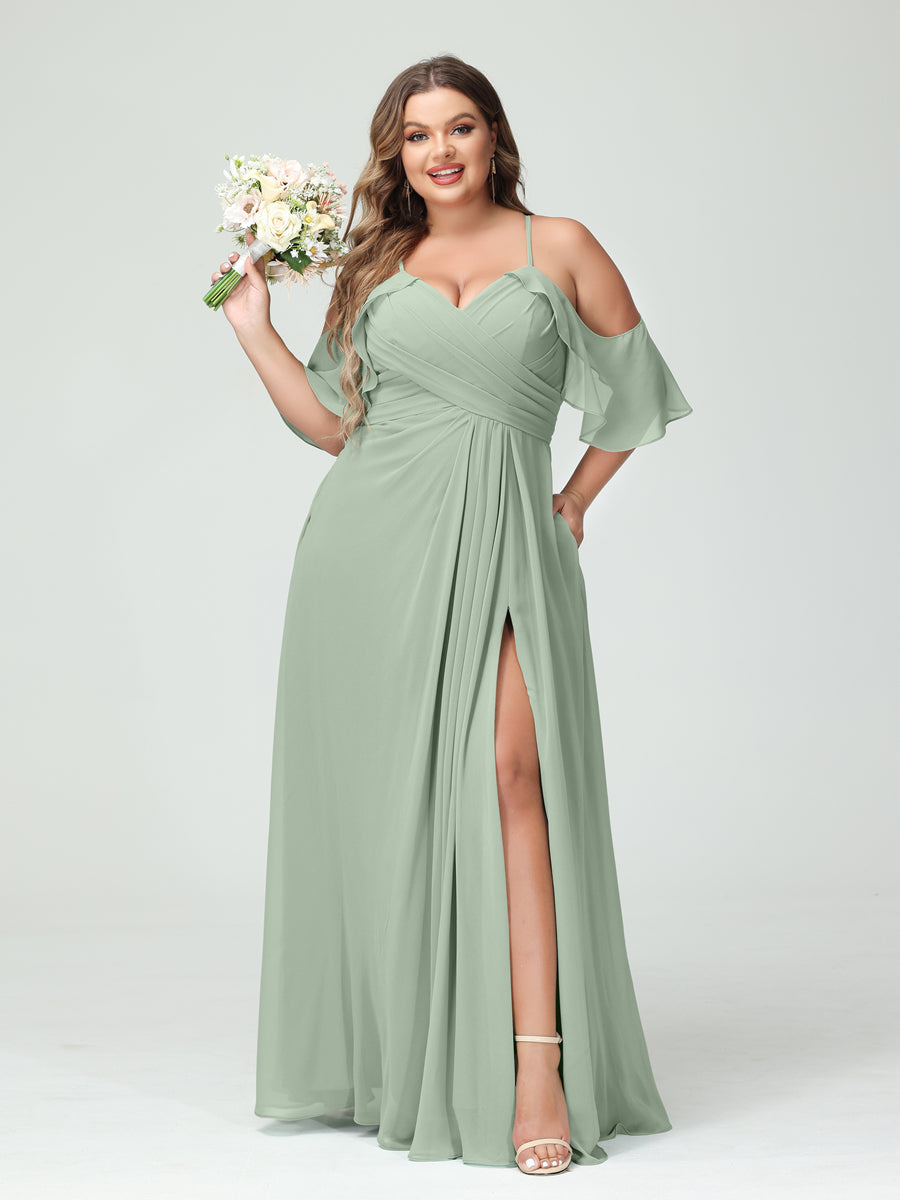 A-Line/Princess Spaghetti Straps Short Sleeves Chiffon Ruched Split Side Plus Size Bridesmaid Dresses with Pockets Sage