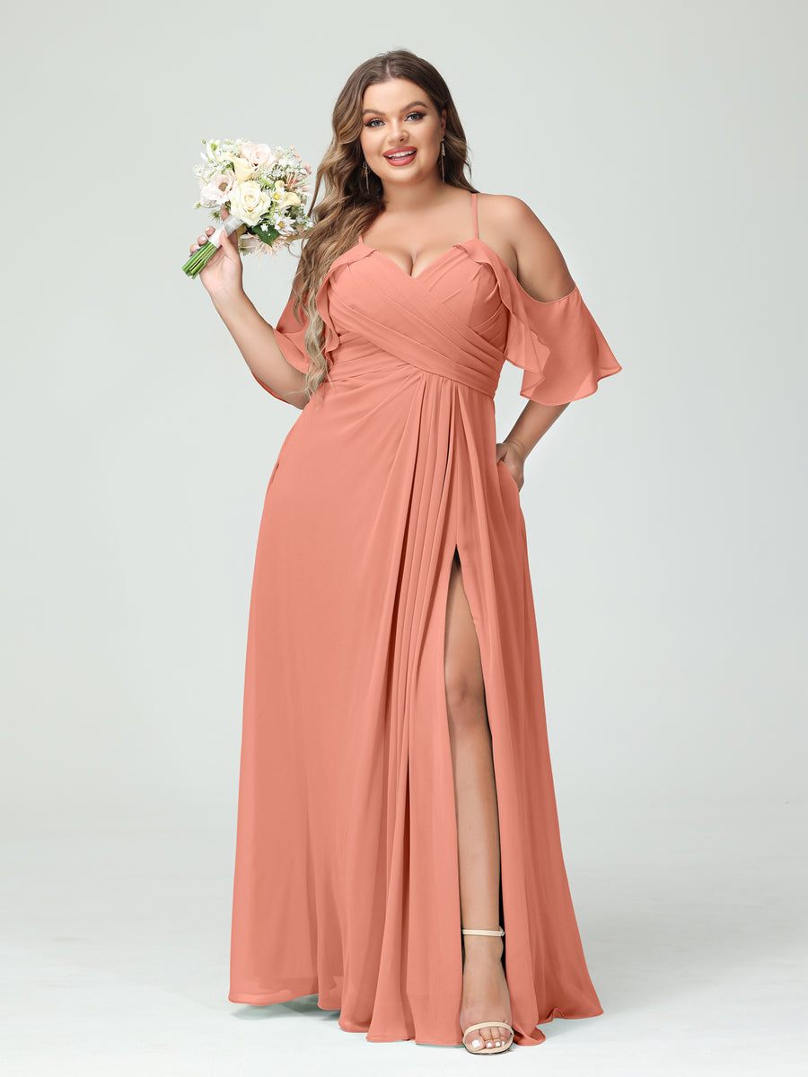 A-Line/Princess Spaghetti Straps Short Sleeves Chiffon Ruched Split Side Plus Size Bridesmaid Dresses with Pockets Salmon