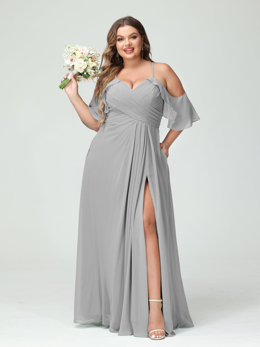 A-Line/Princess Spaghetti Straps Short Sleeves Chiffon Ruched Split Side Plus Size Bridesmaid Dresses with Pockets Silver