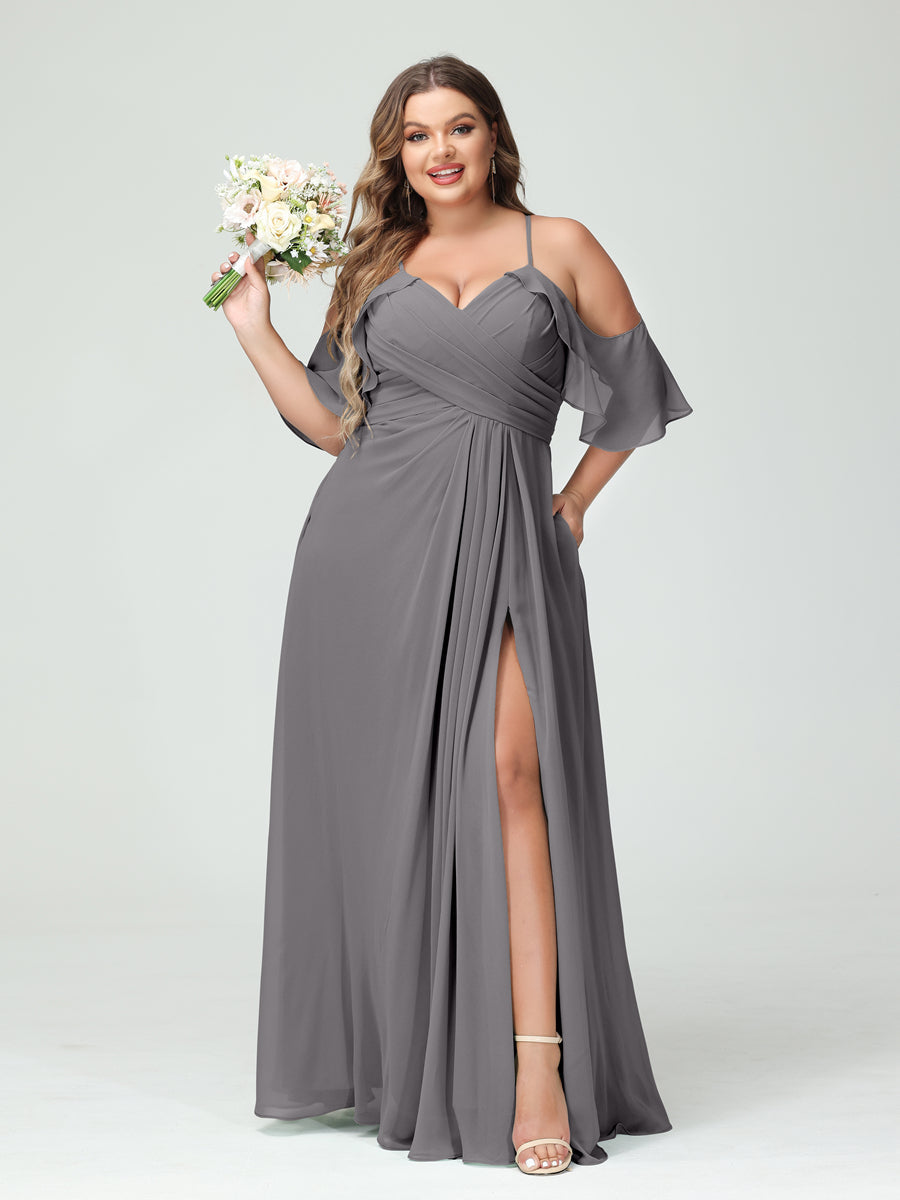 A-Line/Princess Spaghetti Straps Short Sleeves Chiffon Ruched Split Side Plus Size Bridesmaid Dresses with Pockets Silver Gray