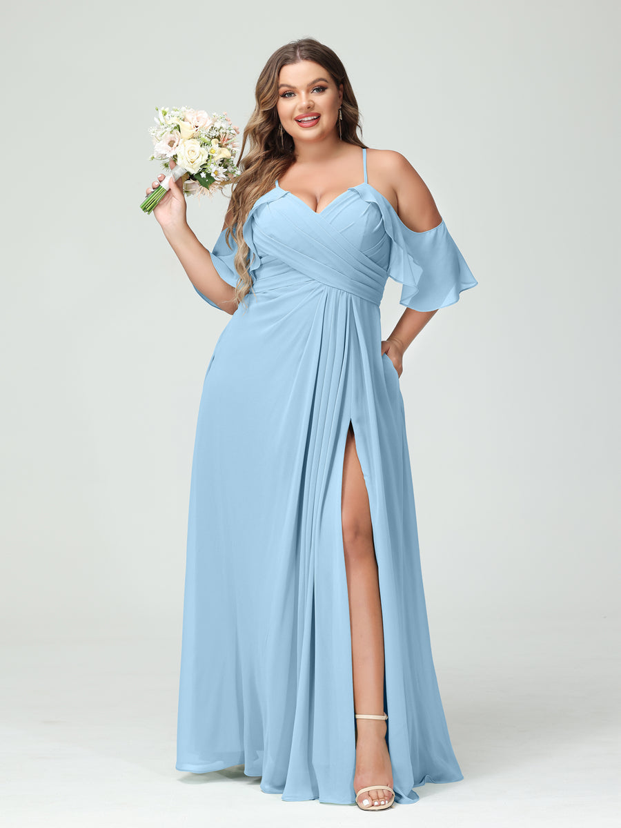 A-Line/Princess Spaghetti Straps Short Sleeves Chiffon Ruched Split Side Plus Size Bridesmaid Dresses with Pockets Sky Blue