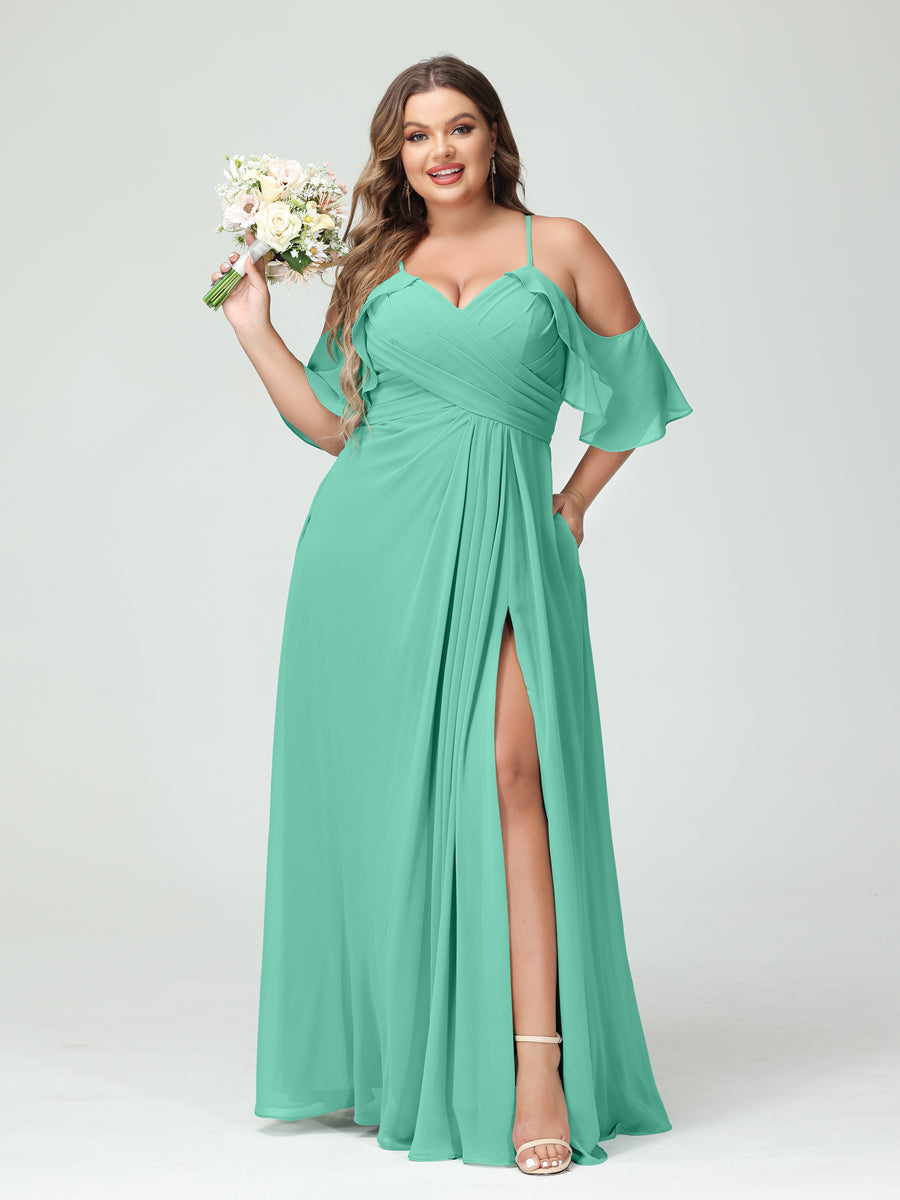 A-Line/Princess Spaghetti Straps Short Sleeves Chiffon Ruched Split Side Plus Size Bridesmaid Dresses with Pockets Spa