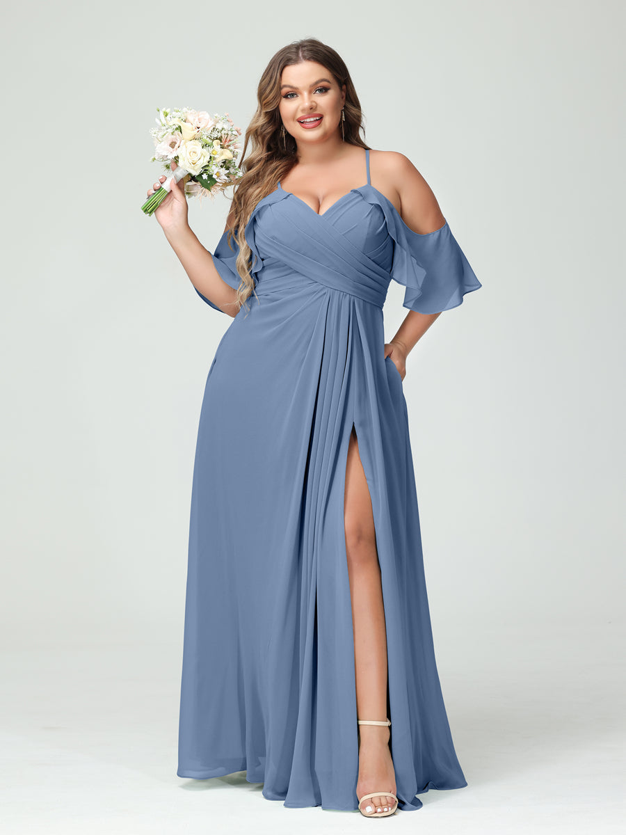 A-Line/Princess Spaghetti Straps Short Sleeves Chiffon Ruched Split Side Plus Size Bridesmaid Dresses with Pockets Steel Blue