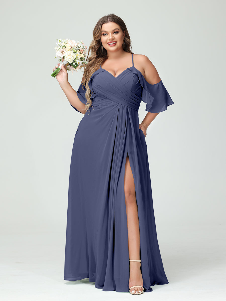 A-Line/Princess Spaghetti Straps Short Sleeves Chiffon Ruched Split Side Plus Size Bridesmaid Dresses with Pockets Stormy Blue