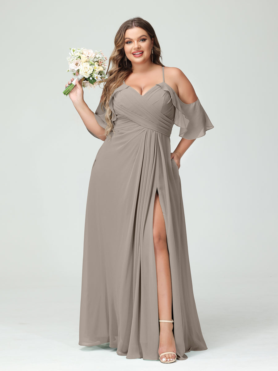 A-Line/Princess Spaghetti Straps Short Sleeves Chiffon Ruched Split Side Plus Size Bridesmaid Dresses with Pockets Taupe
