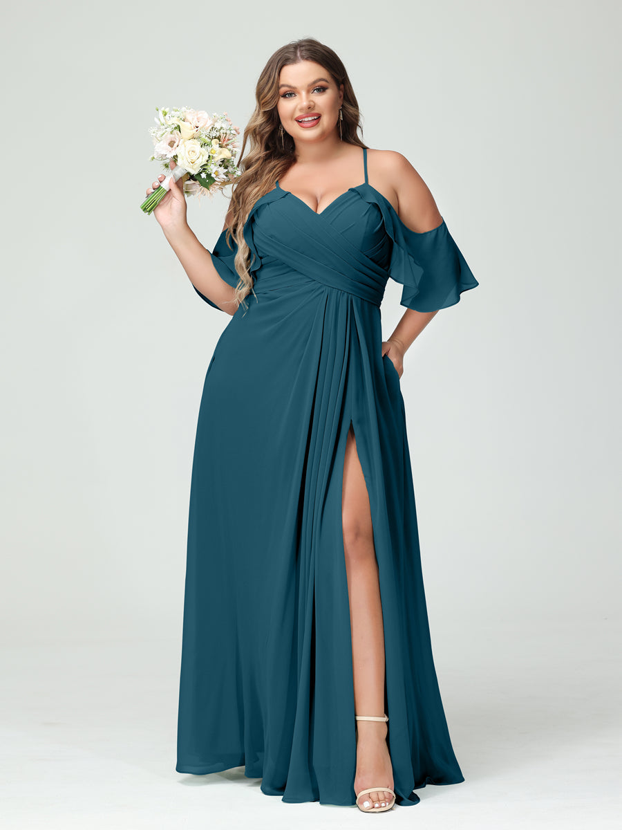 A-Line/Princess Spaghetti Straps Short Sleeves Chiffon Ruched Split Side Plus Size Bridesmaid Dresses with Pockets Teal