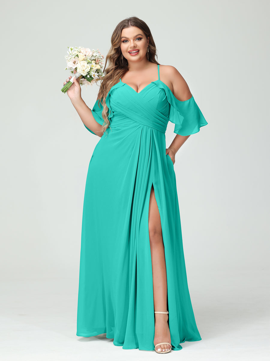 A-Line/Princess Spaghetti Straps Short Sleeves Chiffon Ruched Split Side Plus Size Bridesmaid Dresses with Pockets Turquoise