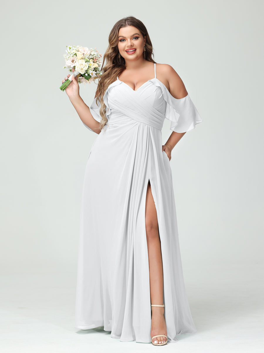A-Line/Princess Spaghetti Straps Short Sleeves Chiffon Ruched Split Side Plus Size Bridesmaid Dresses with Pockets White