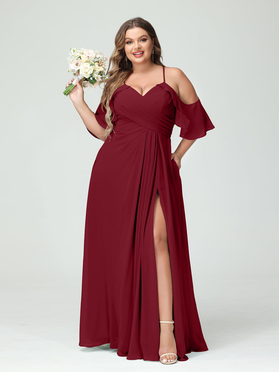 A-Line/Princess Spaghetti Straps Short Sleeves Chiffon Ruched Split Side Plus Size Bridesmaid Dresses with Pockets Wine Red