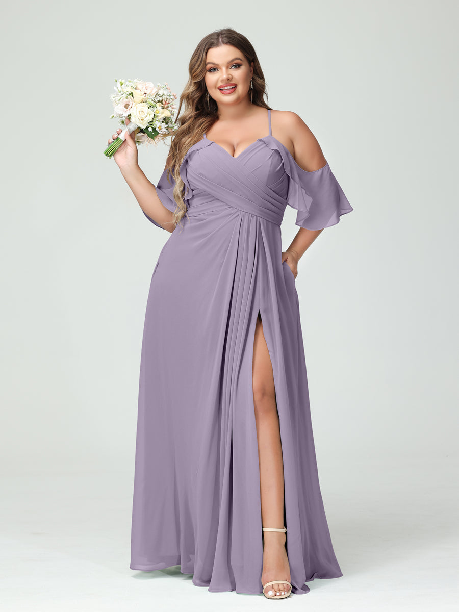 A-Line/Princess Spaghetti Straps Short Sleeves Chiffon Ruched Split Side Plus Size Bridesmaid Dresses with Pockets Wisteria