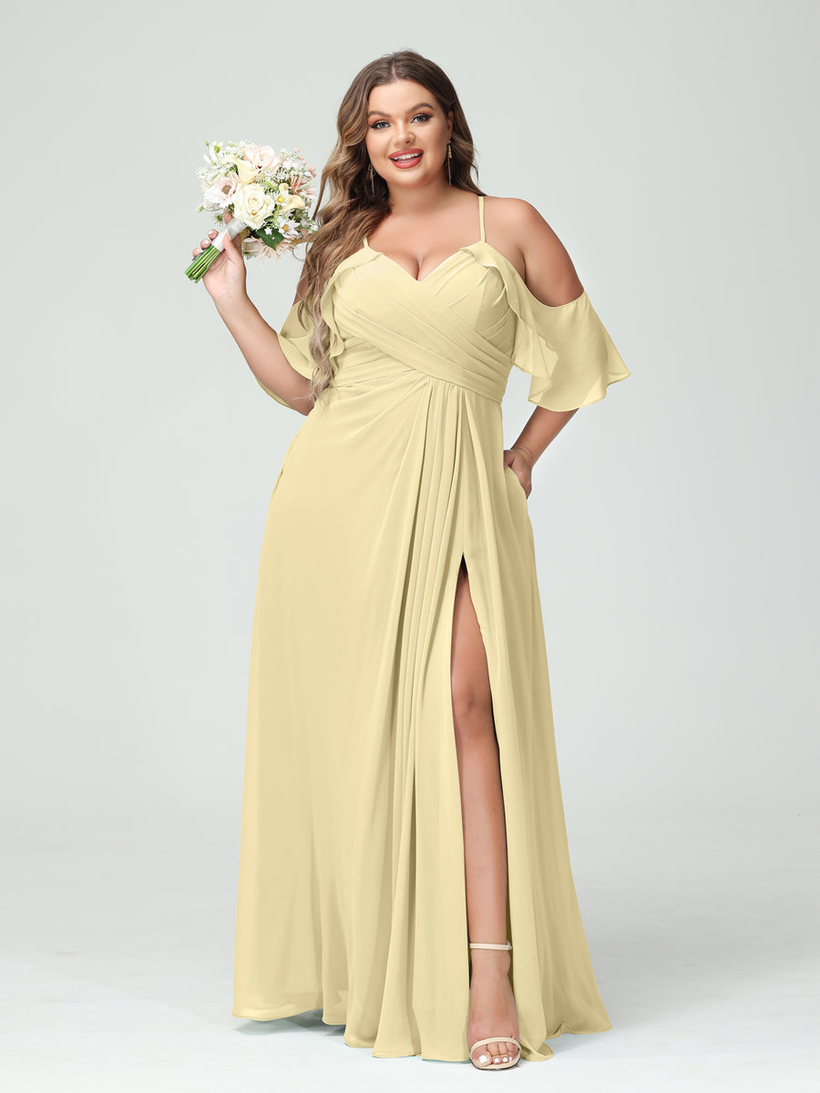 A-Line/Princess Spaghetti Straps Short Sleeves Chiffon Ruched Split Side Plus Size Bridesmaid Dresses with Pockets Yellow