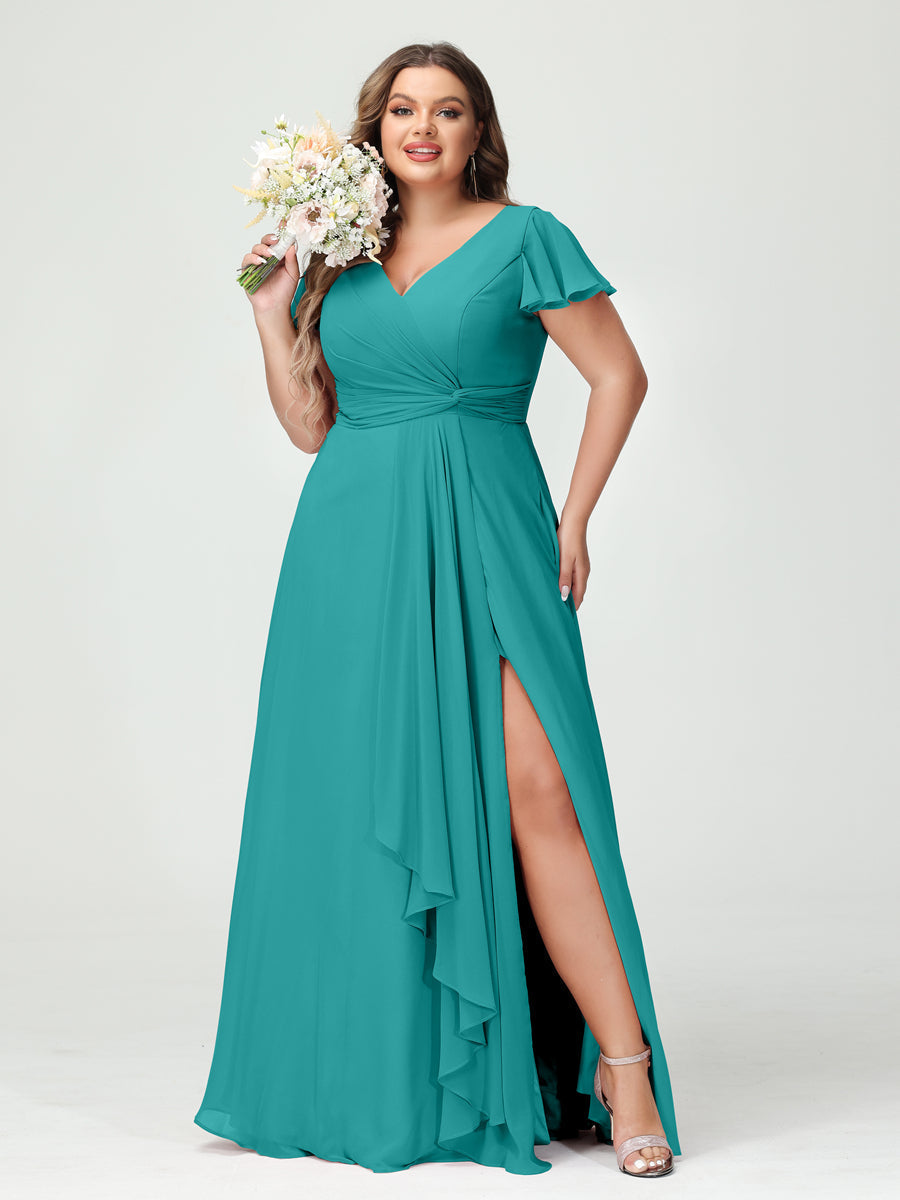 A-Line/Princess V-Neck Short Sleeves Chiffon Ruffles Split Side Plus Size Bridesmaid Dresses with Pockets Aqua Blue
