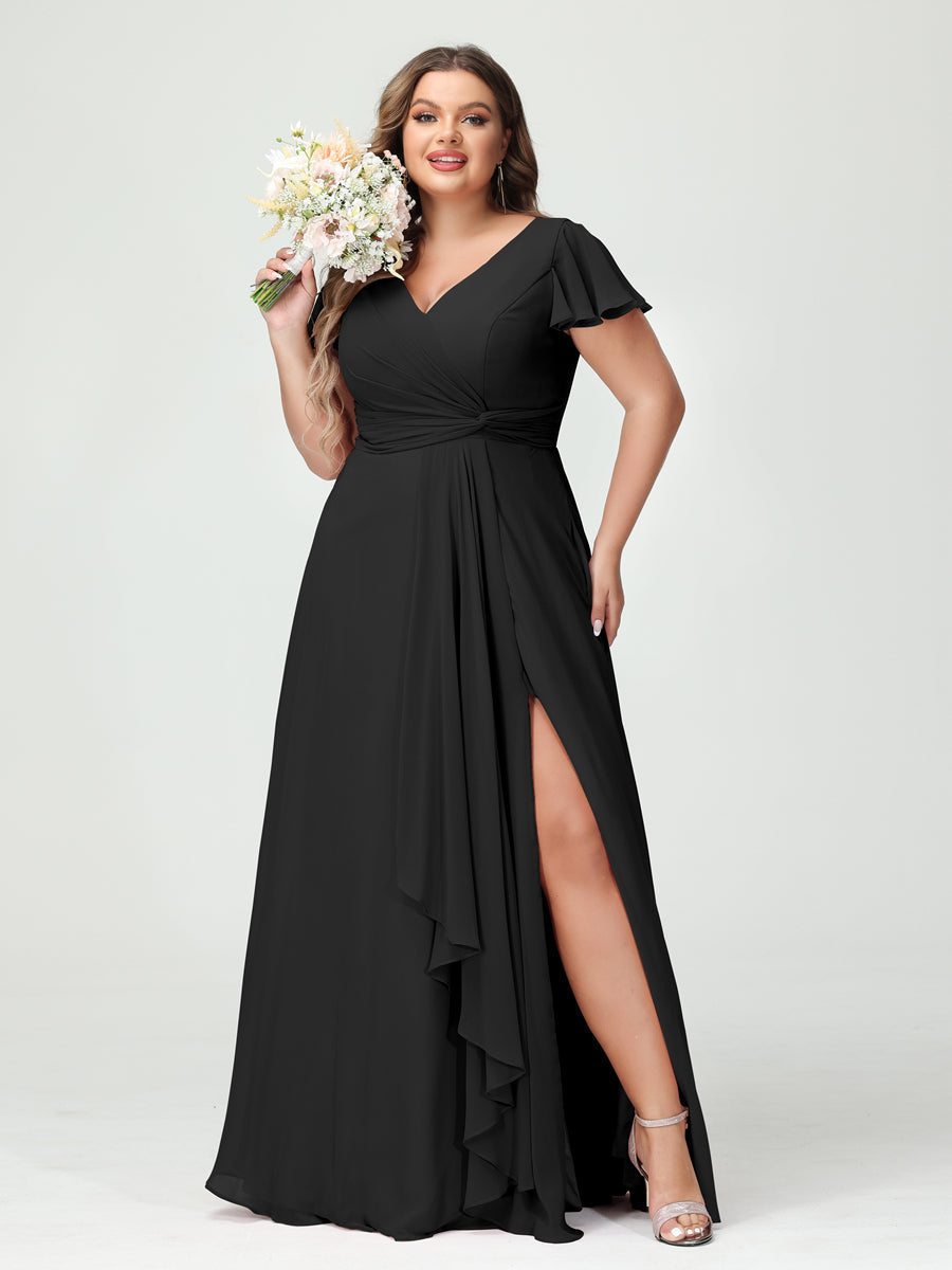 A-Line/Princess V-Neck Short Sleeves Chiffon Ruffles Split Side Plus Size Bridesmaid Dresses with Pockets Black