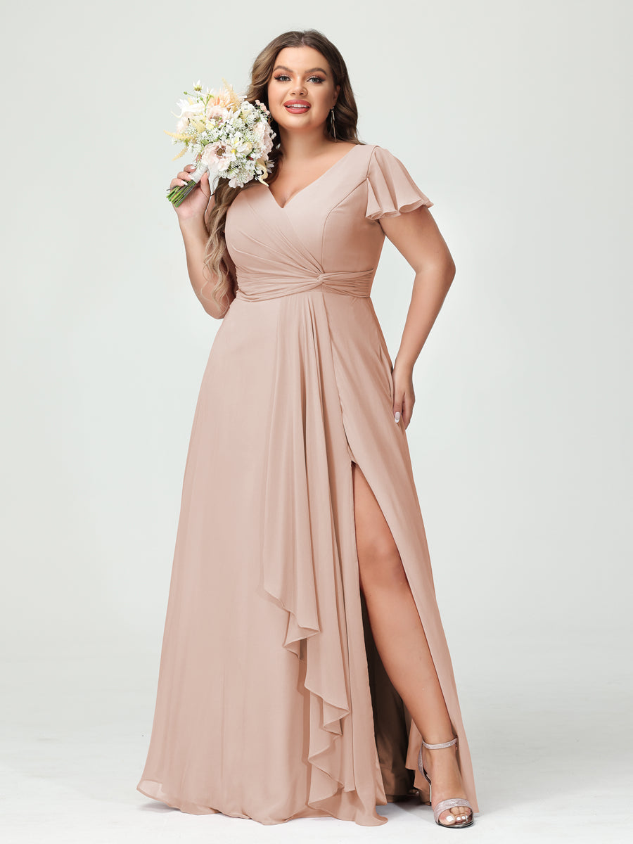 A-Line/Princess V-Neck Short Sleeves Chiffon Ruffles Split Side Plus Size Bridesmaid Dresses with Pockets Blush Pink