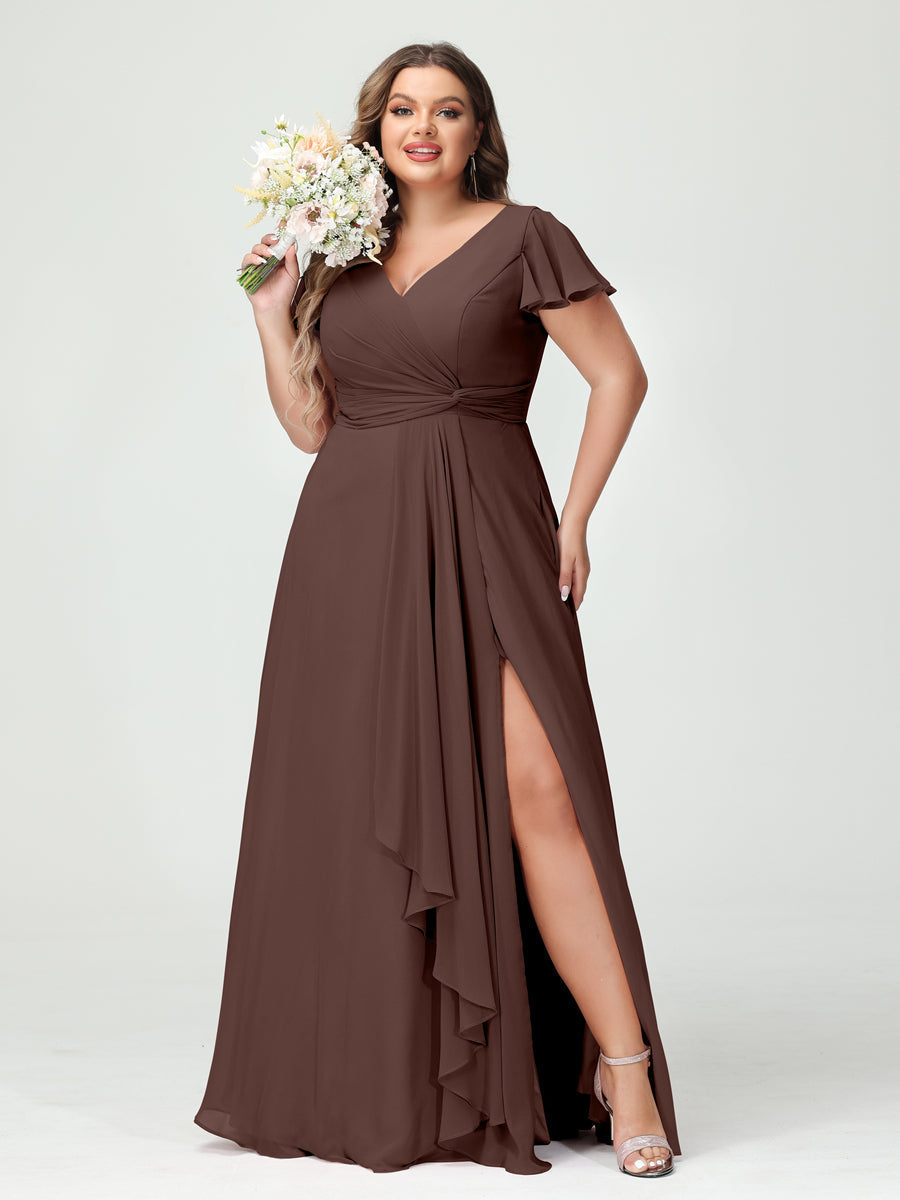 A-Line/Princess V-Neck Short Sleeves Chiffon Ruffles Split Side Plus Size Bridesmaid Dresses with Pockets Brown