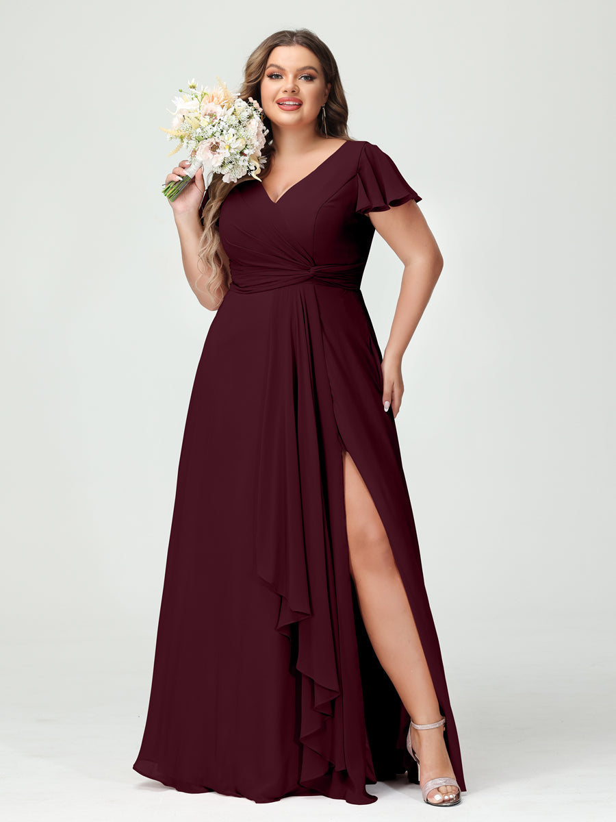 A-Line/Princess V-Neck Short Sleeves Chiffon Ruffles Split Side Plus Size Bridesmaid Dresses with Pockets Burgundy