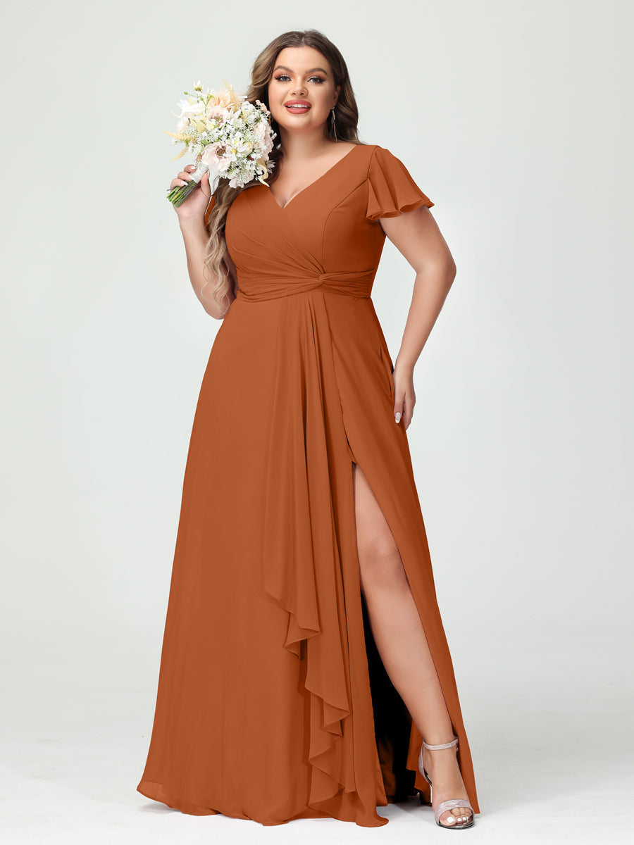 A-Line/Princess V-Neck Short Sleeves Chiffon Ruffles Split Side Plus Size Bridesmaid Dresses with Pockets Burnt Orange