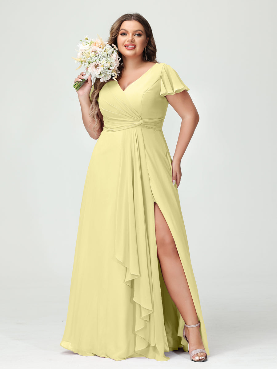 A-Line/Princess V-Neck Short Sleeves Chiffon Ruffles Split Side Plus Size Bridesmaid Dresses with Pockets Canary