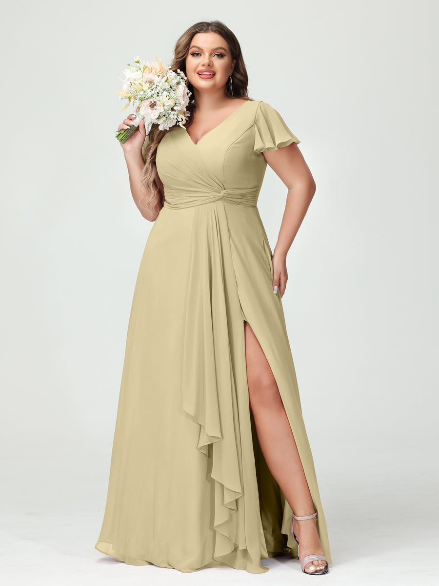 A-Line/Princess V-Neck Short Sleeves Chiffon Ruffles Split Side Plus Size Bridesmaid Dresses with Pockets Champagne
