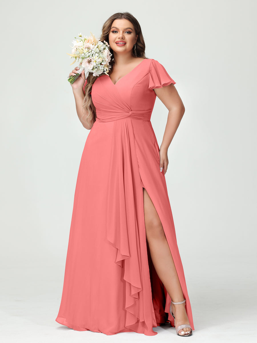 A-Line/Princess V-Neck Short Sleeves Chiffon Ruffles Split Side Plus Size Bridesmaid Dresses with Pockets Coral