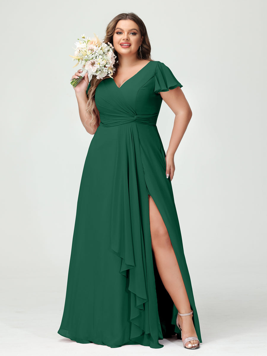 A-Line/Princess V-Neck Short Sleeves Chiffon Ruffles Split Side Plus Size Bridesmaid Dresses with Pockets Dark Green