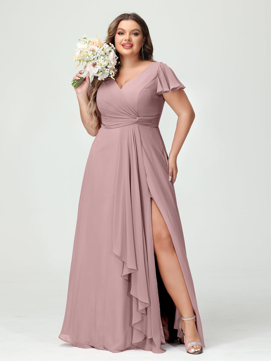 A-Line/Princess V-Neck Short Sleeves Chiffon Ruffles Split Side Plus Size Bridesmaid Dresses with Pockets Dusty Pink