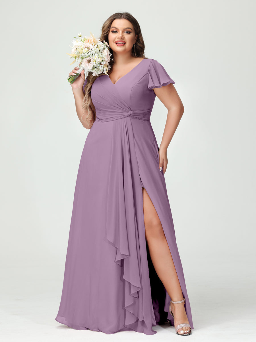 A-Line/Princess V-Neck Short Sleeves Chiffon Ruffles Split Side Plus Size Bridesmaid Dresses with Pockets Dusty Purple