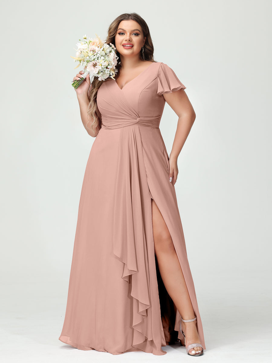 A-Line/Princess V-Neck Short Sleeves Chiffon Ruffles Split Side Plus Size Bridesmaid Dresses with Pockets Dusty Rose