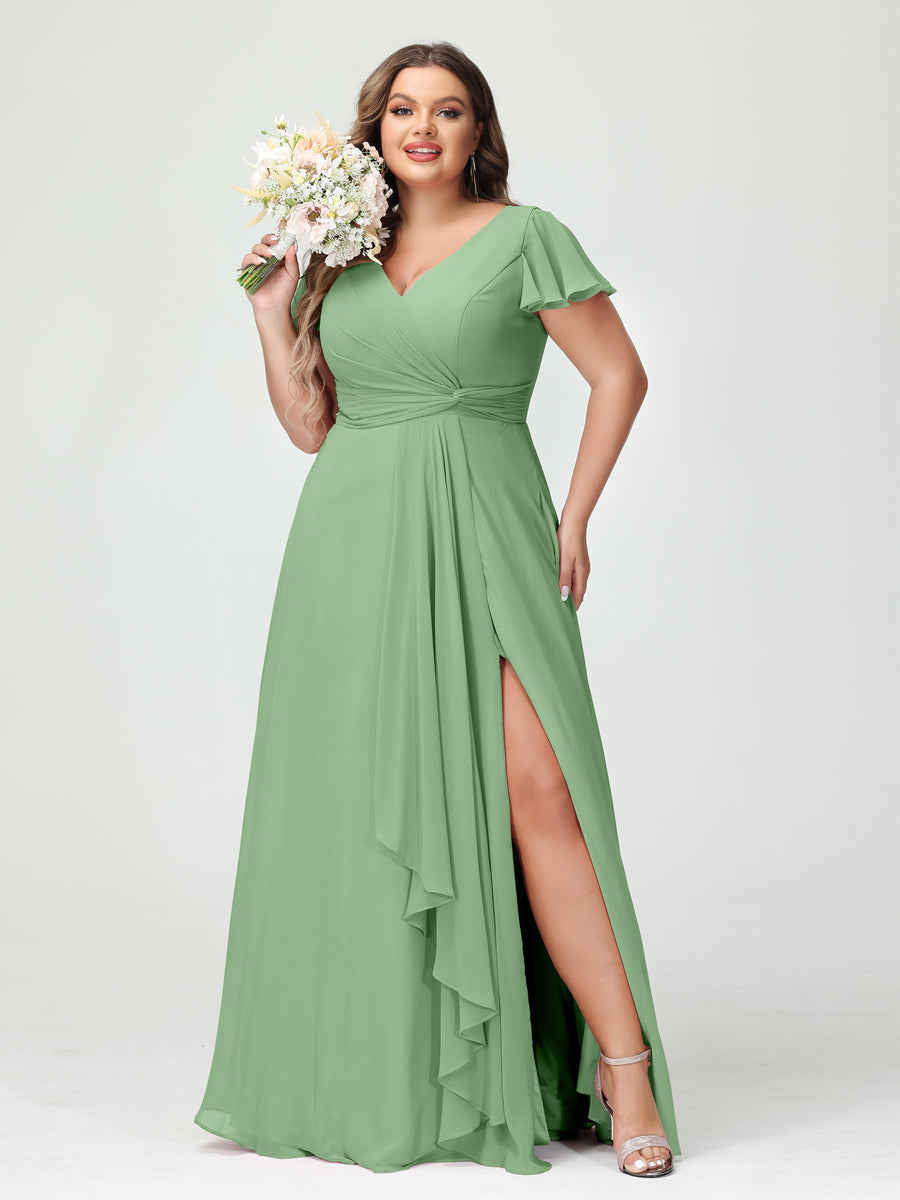 A-Line/Princess V-Neck Short Sleeves Chiffon Ruffles Split Side Plus Size Bridesmaid Dresses with Pockets Dusty Sage
